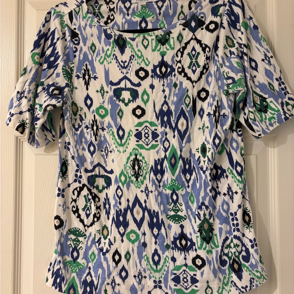 Chico's Blue Green Graphic Blouse with Peter Pan Collar Size 1